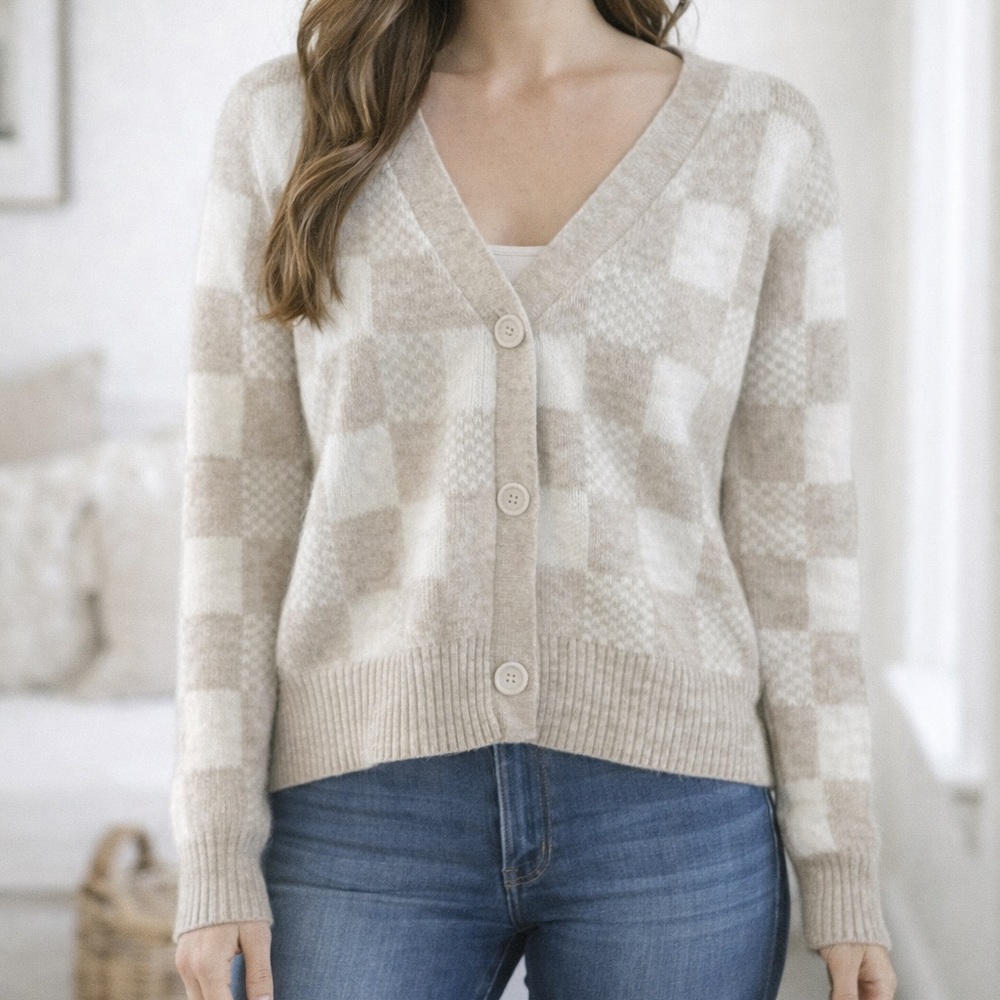 Cream and Tan Checkered Cardigan